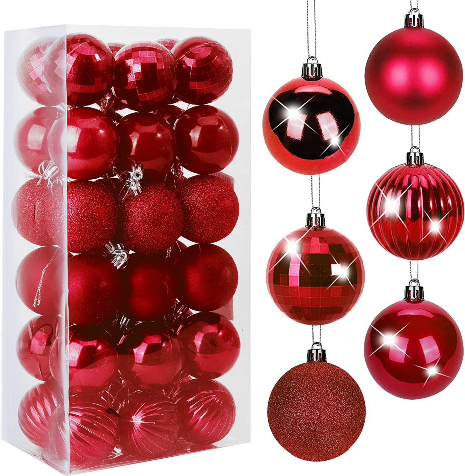 Set de 36 globuri pentru bradul de Craciun BLAZOR, plastic,rosu inchis, 4/6 cm