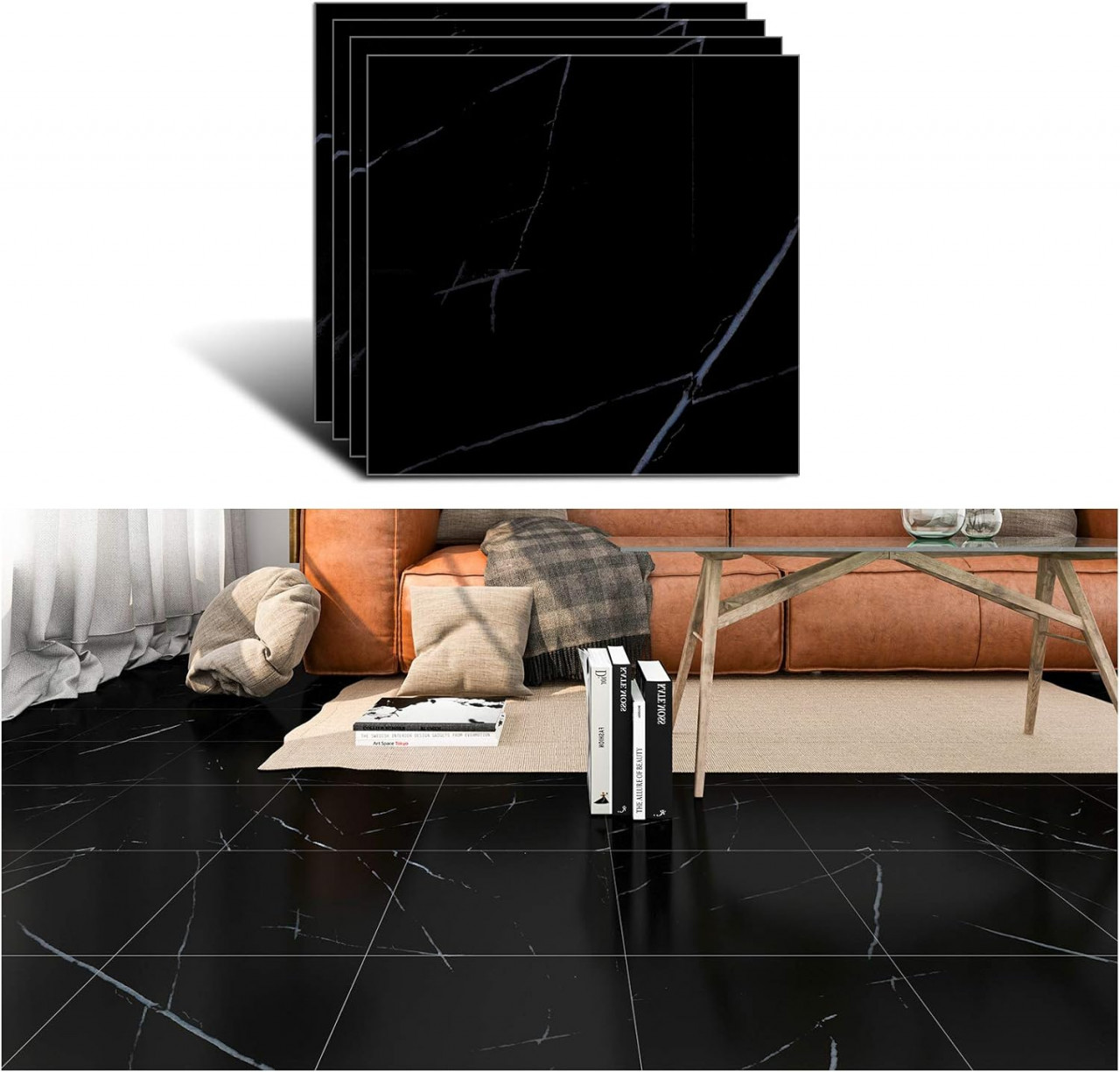 Set de 4 autocolante pentru pardoseala/perete Veelike, vinil, negru, 30 x 30 cm