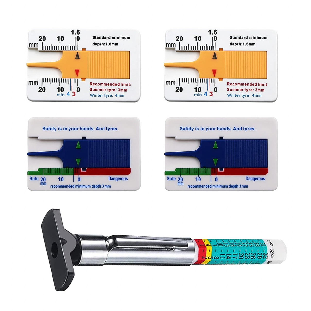 Set de 4 benzi si un dispozitiv pentru masurarea adancimii benzii de rulare a anvelopei Helweet, metal/plastic, multicolor