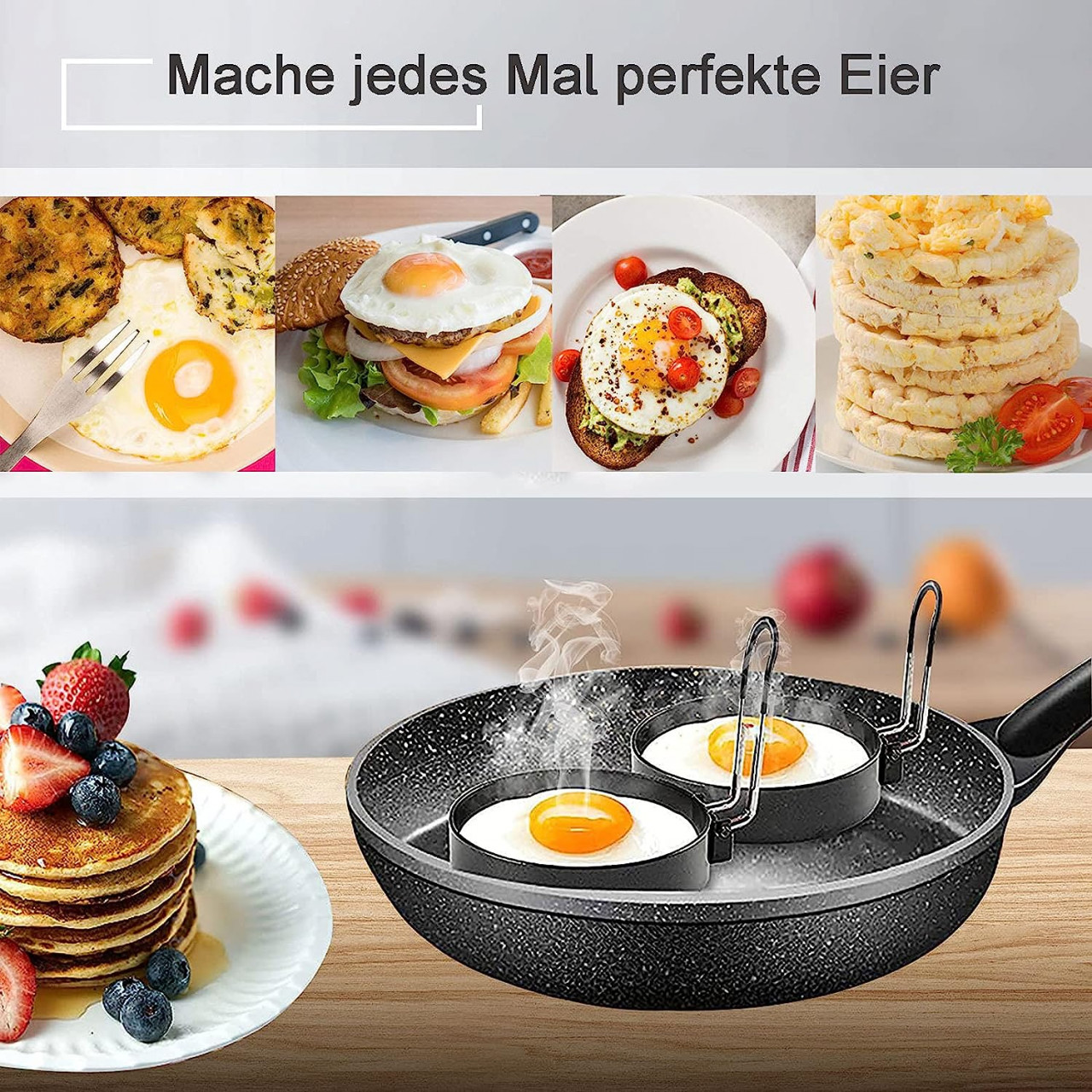 Poze Set de 4 forme si o perie de silicon pentru oua/clatite SVUPUE,otel inoxidabil, negru, 7,5 cm