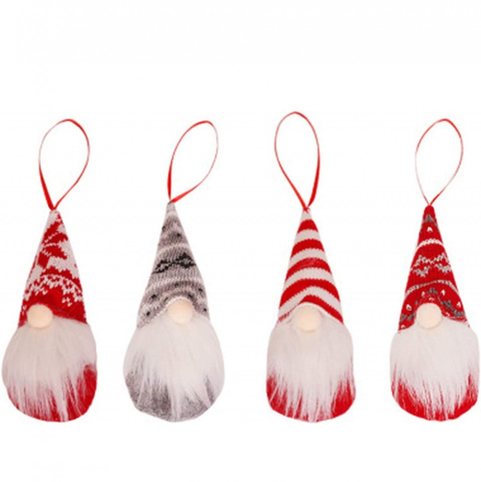 Set de 4 gnomi de Craciun Topjess, rosu/alb/gri, textil, 16 x 6 cm