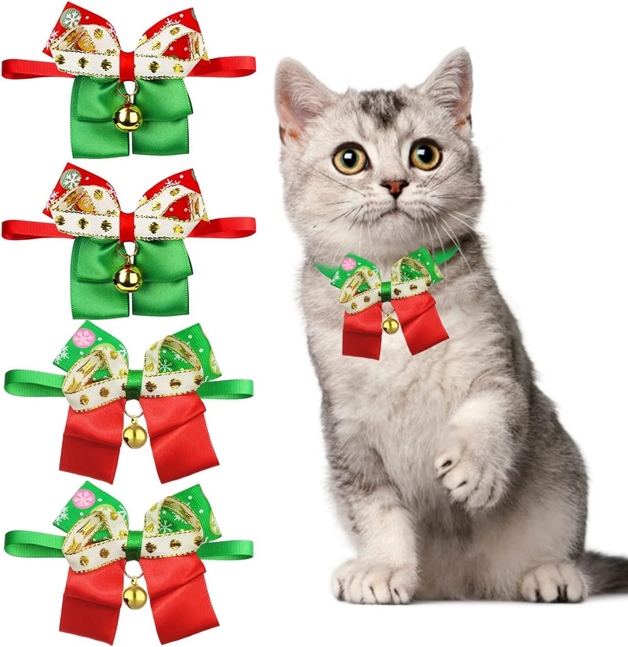 Set de 4 papioane pentru caini si pisici de Craciun Wellxunk®, panglica, multicolor, 37 cm / 21 cm