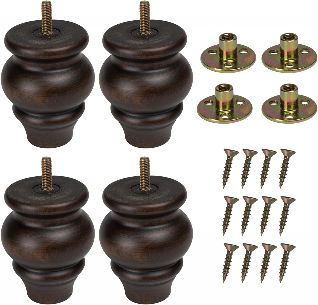 Set de 4 picioare de mobilier Mysummer, lemn masiv/metal, maro, 7,5 x 9 cm