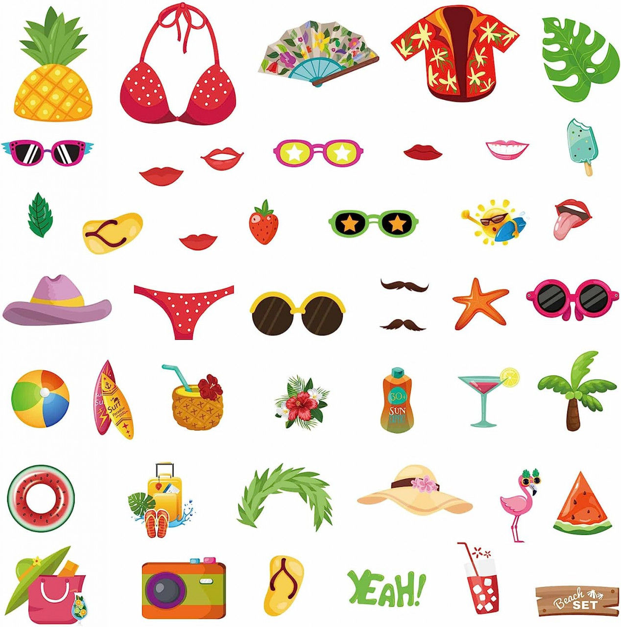 Set de 44 decoratiuni Hawaii pentru cabina foto Qpout, carton, multicolor accesorii