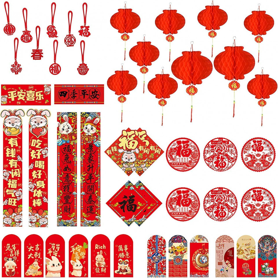 Set de 47 decoratiuni pentru Anul Nou Chinezesc INFLATION, rosu, hartie