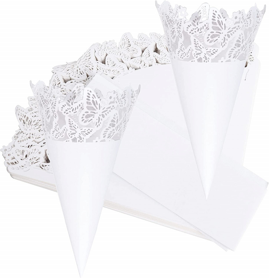Set de 50 conuri pentru nunta Wolfteeth, alb, hartie, model fluture, 14 x 14 cm Accesorii imagine noua