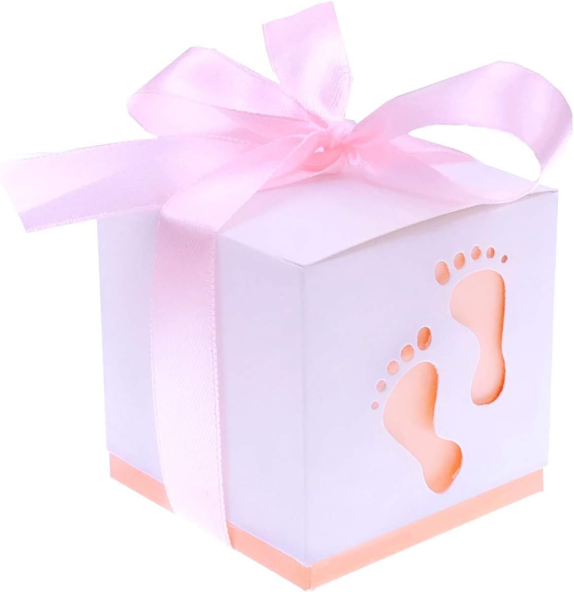 Set de 50 de cutii cadou cu amprenta bebelusului pentru botez JZK, hartie, roz, 6 x 6 x 6 cm accesorii