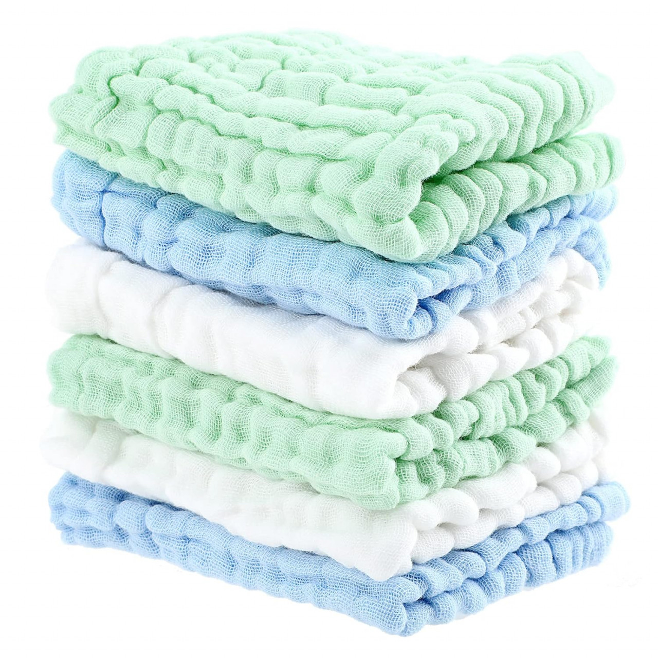 Set de 6 prosoape pentru bebelusi Sibba, microfibra, alb/verde/albastru, 30 x 30 cm