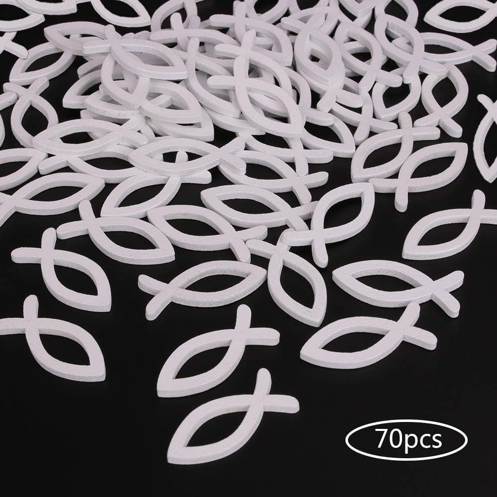 Set de 70 decoratiuni pentru botez Faburo, lemn, alb, 3,5 x 1,5 cm