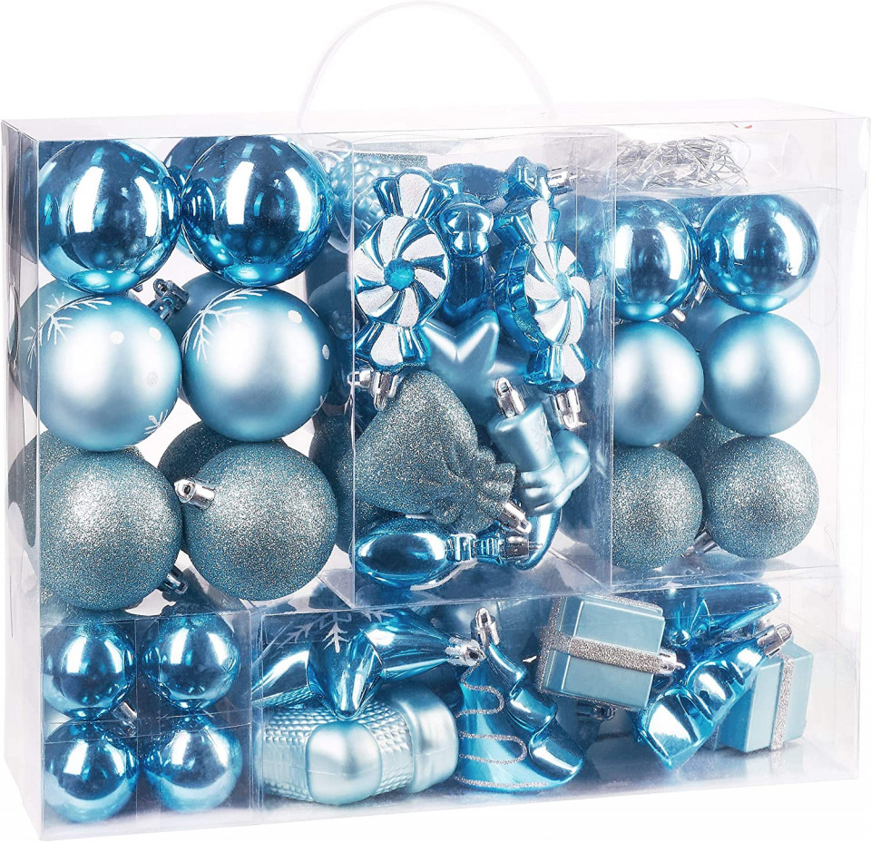 Poze Set de 77 globuri de Craciun Brubaker, albastru, plastic, 4 - 10,5 cm