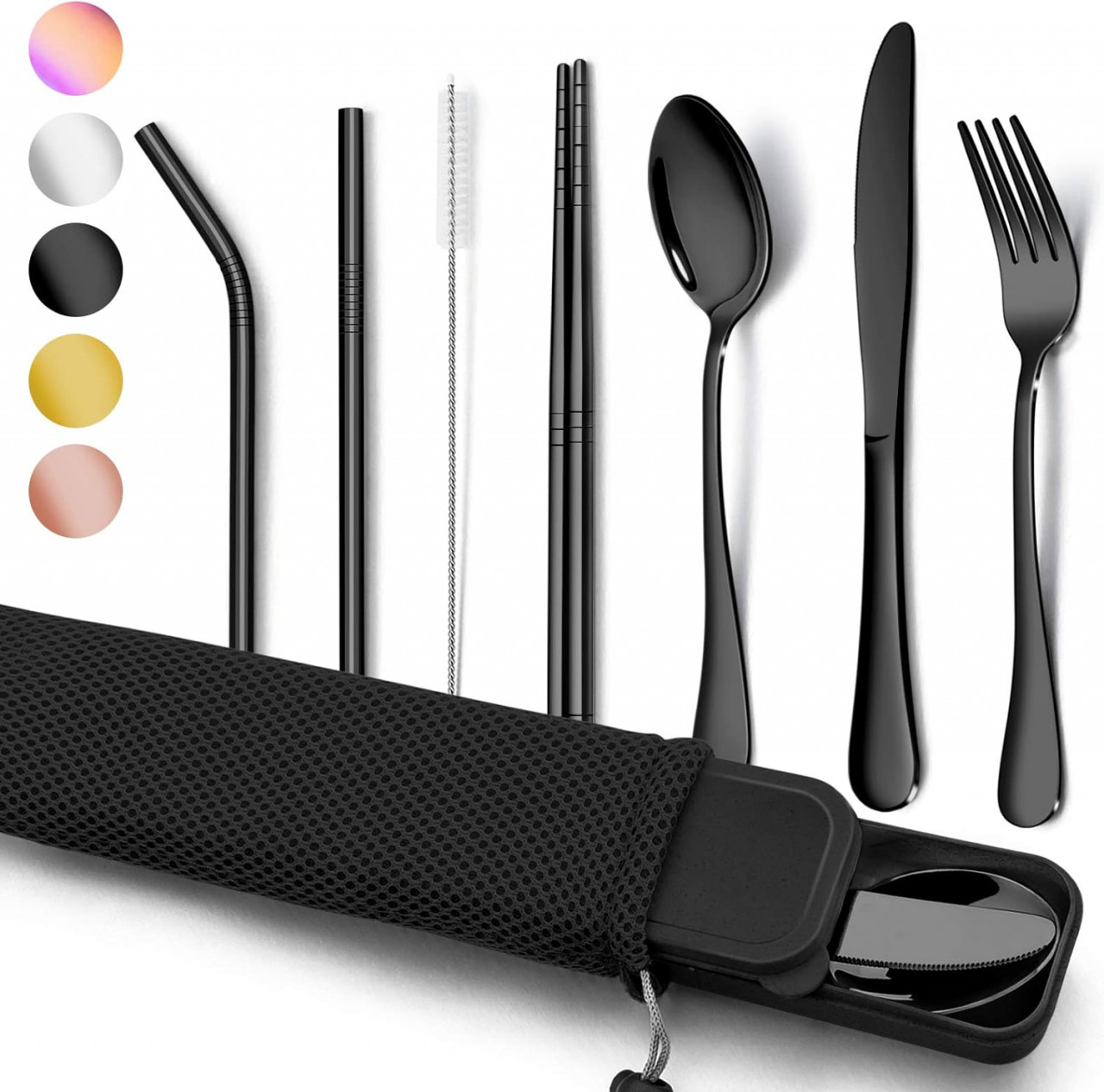 Set de 9 tacamuri cu husa de depozitare Homikit, otel inoxidabil/textil, negru, 26,8 cm