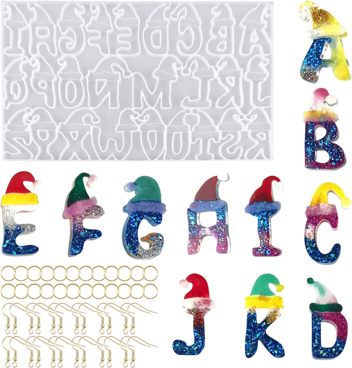 Set de creatie cu matrita si accesorii pentru cercei/brelocuri GoGou, silicon/metal, alb/argintiu, 29,4 x 17,2 cm, 49 piese