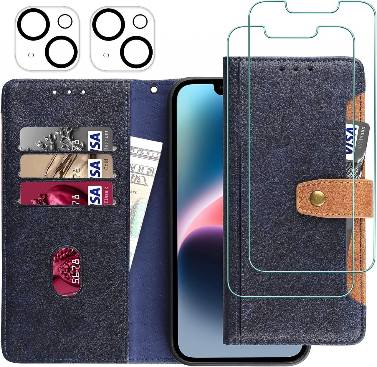 Set de husa cu 2 folii de protectie ecran si 2 camera pentru iPhone 14 Plus Gimane, piele PU/sticla securizata, albastru, 6,7 inchi