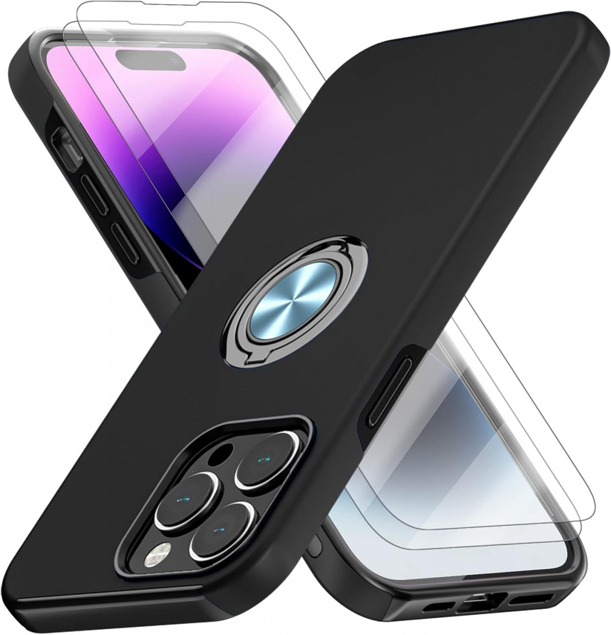 Set de husa cu 2 folii de protectie pentru iPhone 14 Pro Giolus, sticla securizata/TPU, negru, 6,1 inchi