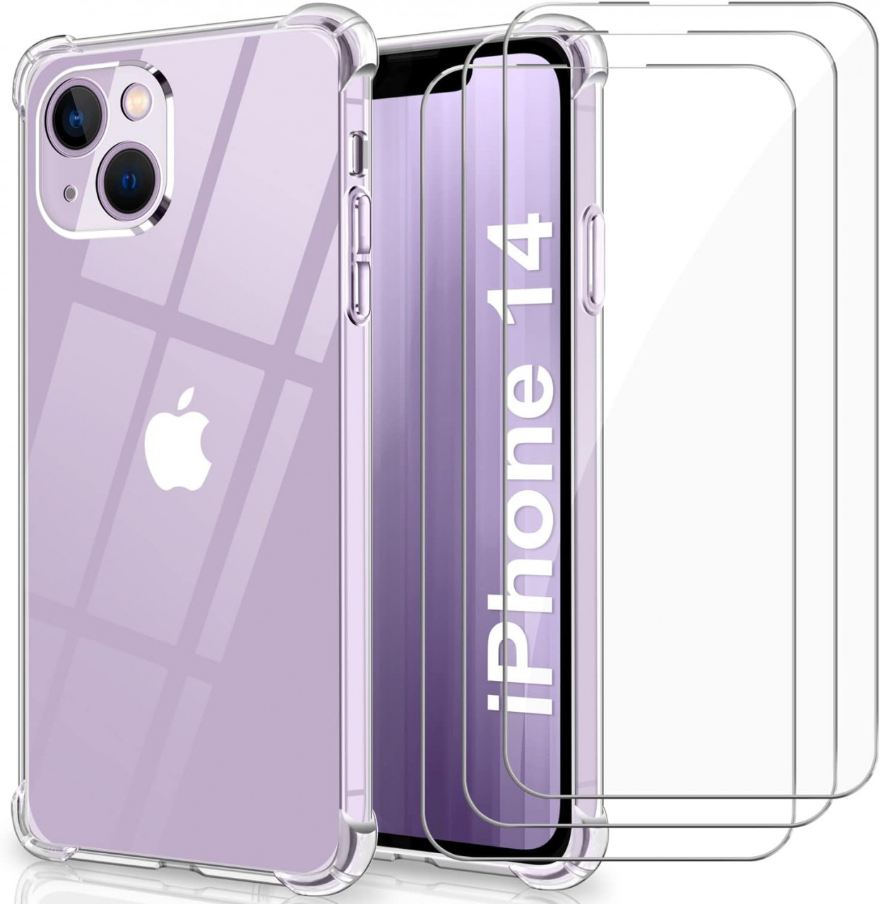 Set de husa si 3 folii de protectie pentru IPhone 14 Ynmeacc, sticla securizata/silicon, transparent, 6,1 inchi