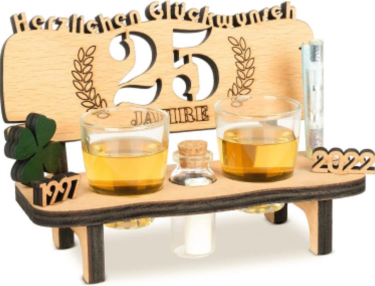 Set de pahare si banca cu gravura eleganta pentru aniversare 25 ani Brynnberg, lemn/sticla, natur/transparent