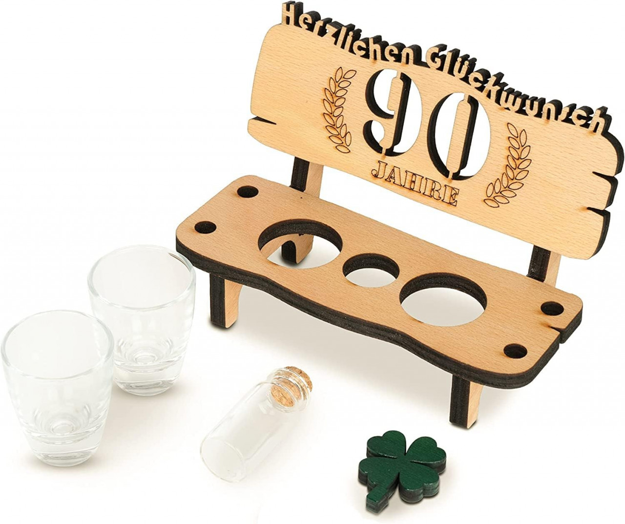 Set de pahare si banca cu gravura eleganta pentru aniversare 90 ani Brynnberg, lemn/sticla, natur/transparent