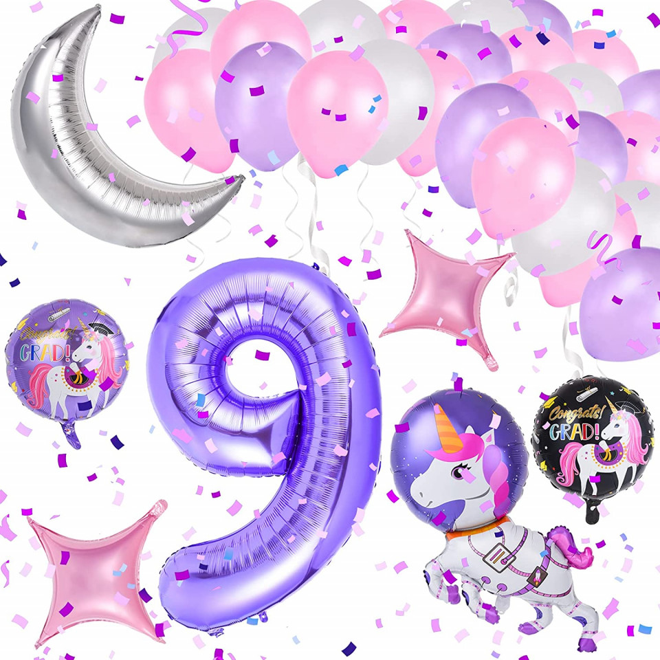 Set de petrecere pentru 9 ani Colmanda, latex/folie, model unicorn, multicolor, 32 piese