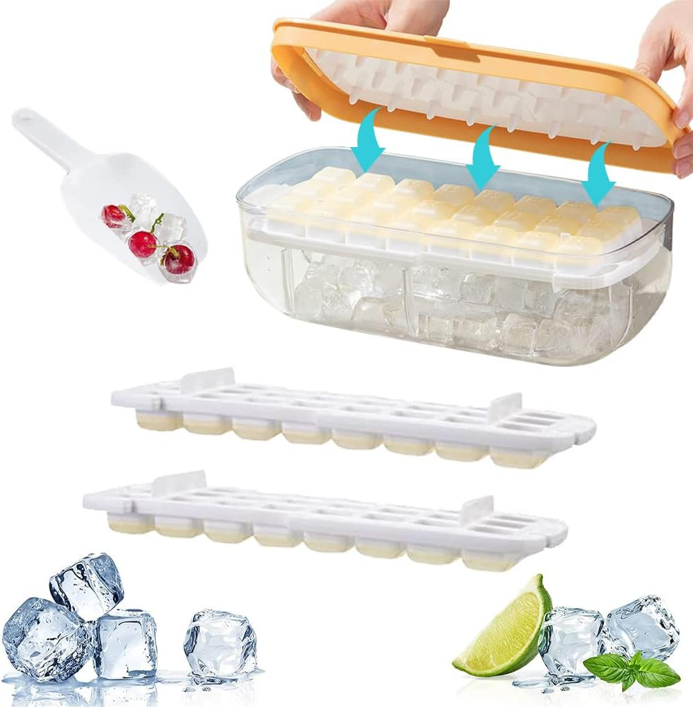 Set de tava cu capac si 2 matrite pentru cuburi de gheata Anyingkai, plastic/silicon, galben, 28 x 13 x 9,5 cm