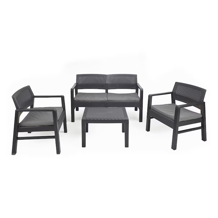Set gradina/terasa, Progarden, KILIMANJARO, 4 piese, polipropilena, antracit, canapea 2 locuri 121x58x74 cm, 2 scaune 63x58x74 cm, masa 59x46x40 cm,