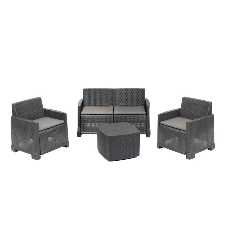 Set mobilier gradina/terasa, Progarden, COMO, 4 piese, polipropilena, antracit, canapea 2 locuri 129x66x74 cm, 2 scaune 72x66x74 cm, masa 53x53x40