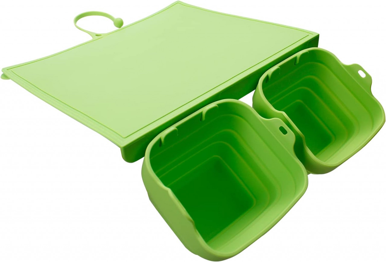 Set placa de taiat cu 2 recipiente Coolnice, silicon, verde