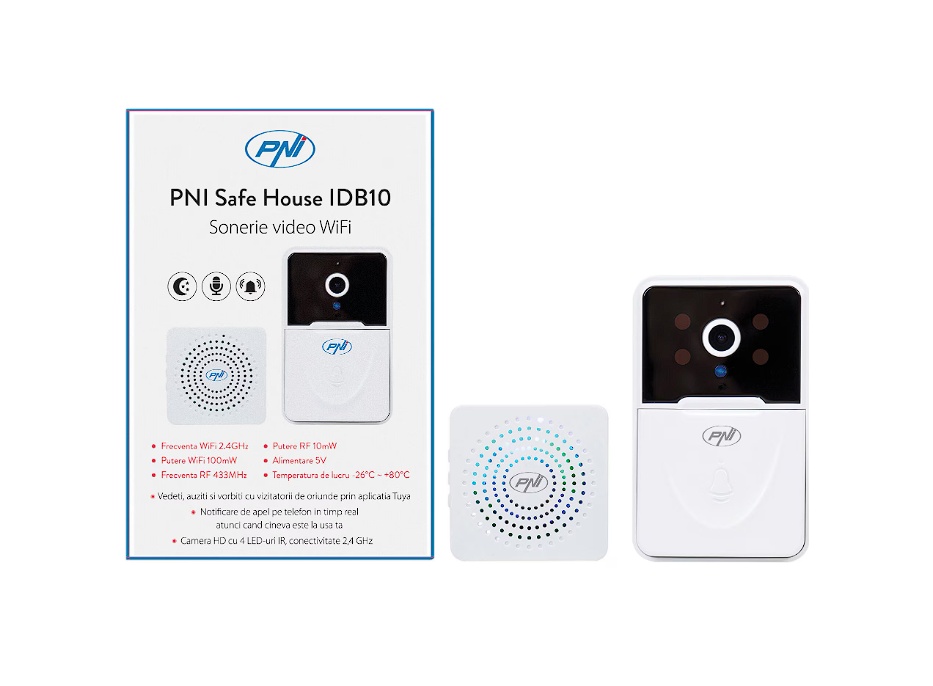 Sonerie video PNI Safe House IDB10, WiFi, control din Tuya, vizibilitate nocturna, selectie ton apel, control volum, Resigilat, Grad A
