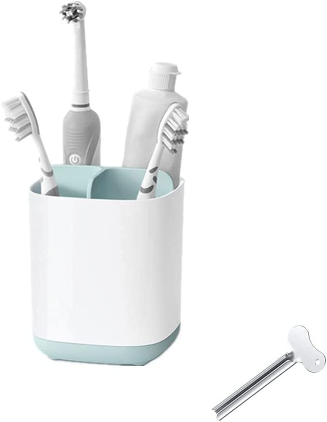 Suport pentru periuta de dinti cu storcator pentru tub Senmil, plastic/metal, alb/albastru, 18 x 9,4 x13,2