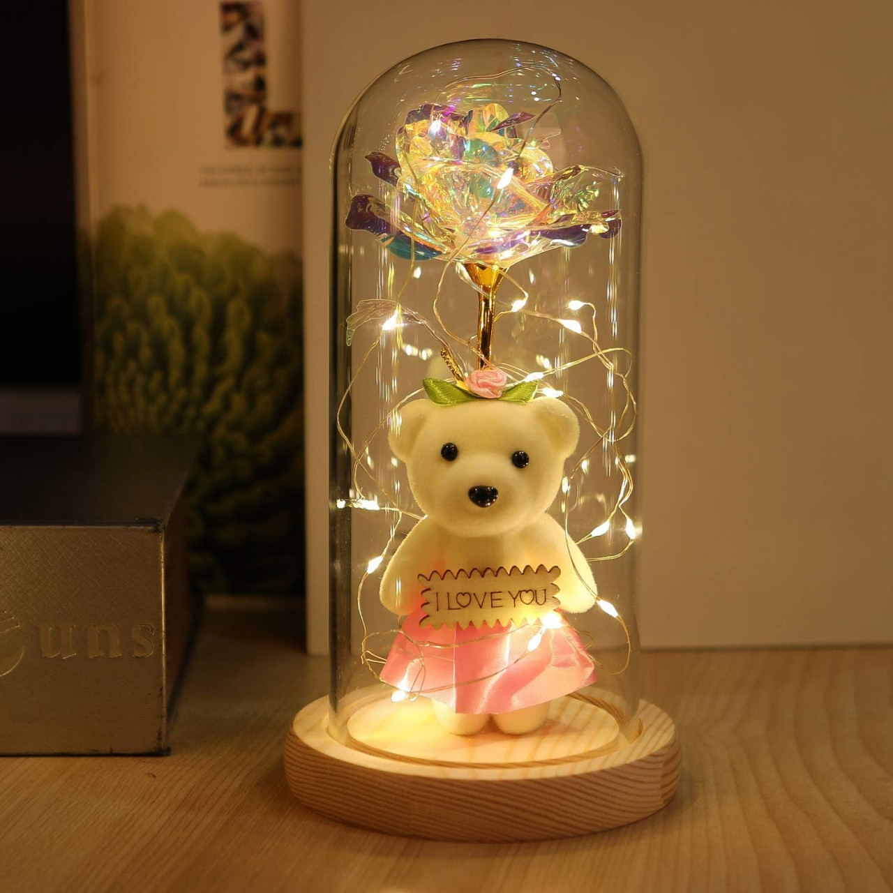 Trandafir cu ursulet in cupola NAWEIDA, LED, lemn/sticla/plastic, multicolor Accesorii imagine noua