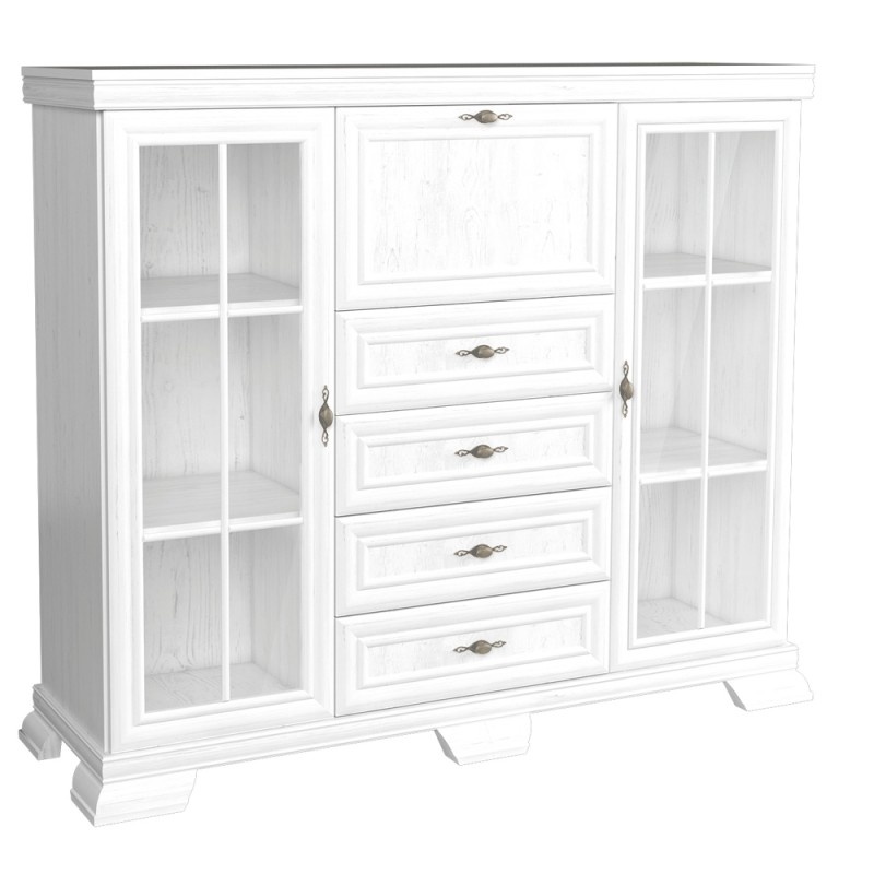 Vitrina living VM7, 3 usi, 4 sertare, Alb Antichizat, 158 x 46 x 136 cm