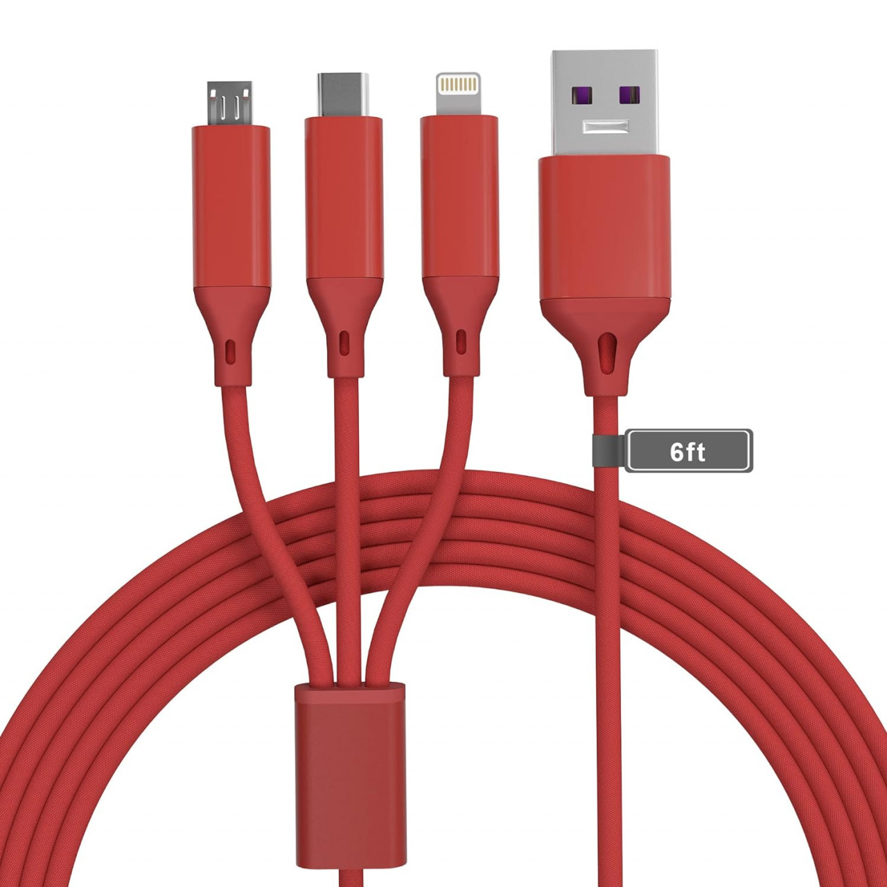 Cablu de incarcare 3 in 1 Bawanfa, USB C/Micro USB/Lightning, nailon, rosu, 2 m