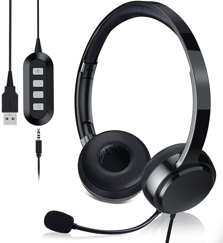 Casti audio cu microfon Generic, metal/spuma cu memorie/piele, negru, mufa USB/3,5 mm Accesorii imagine noua
