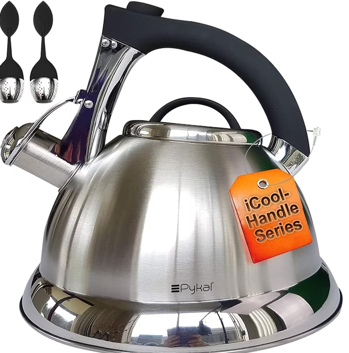 Ceainic cu fluier, Pykal, Otel inoxidabil, 3 L, 2 Infuzoare, Maner iCool, Argintiu