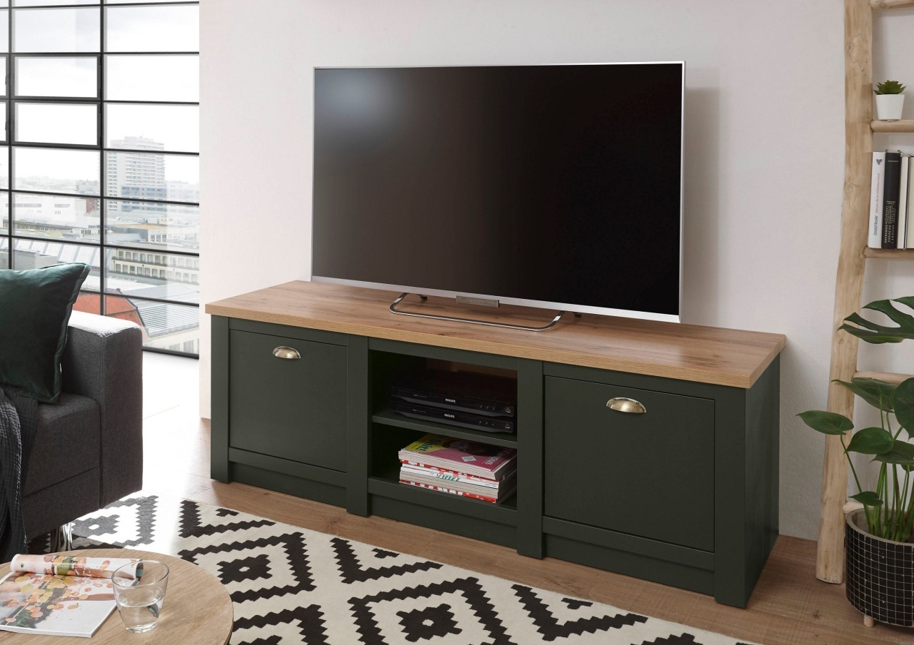 Comodă TV Cambridge, 152x45x51 cm, verde/stejar Wotan, PAL melaminat, 2 uși, compartimente deschise
