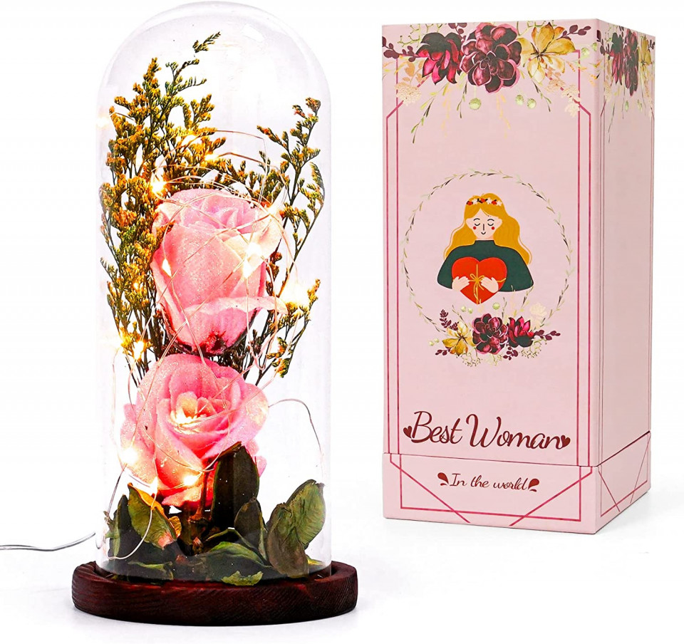Cupola cu trandafiri Ulif, LED, sticla/plastic/lemn, multicolor, 25 x 12 cm chilipirul-zilei.ro/