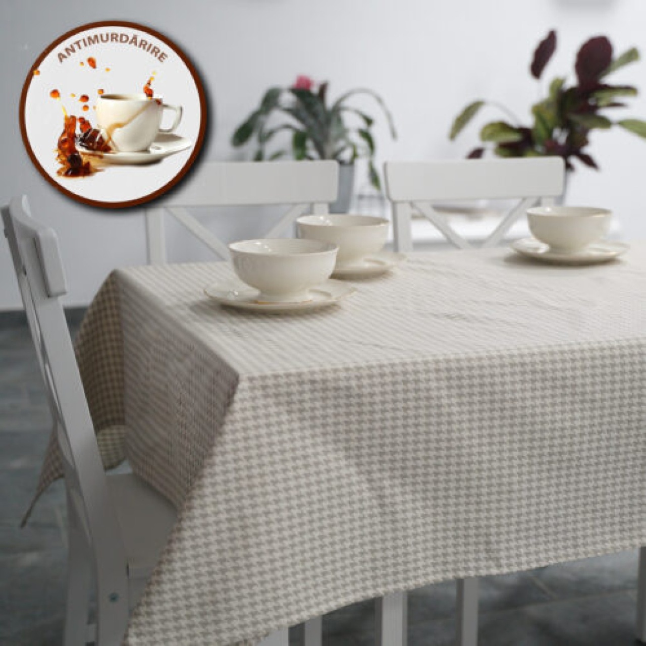 Fata de masa antimurdarie 100% Bumbac, 140x180 cm, Imprimeu Carouri Bej