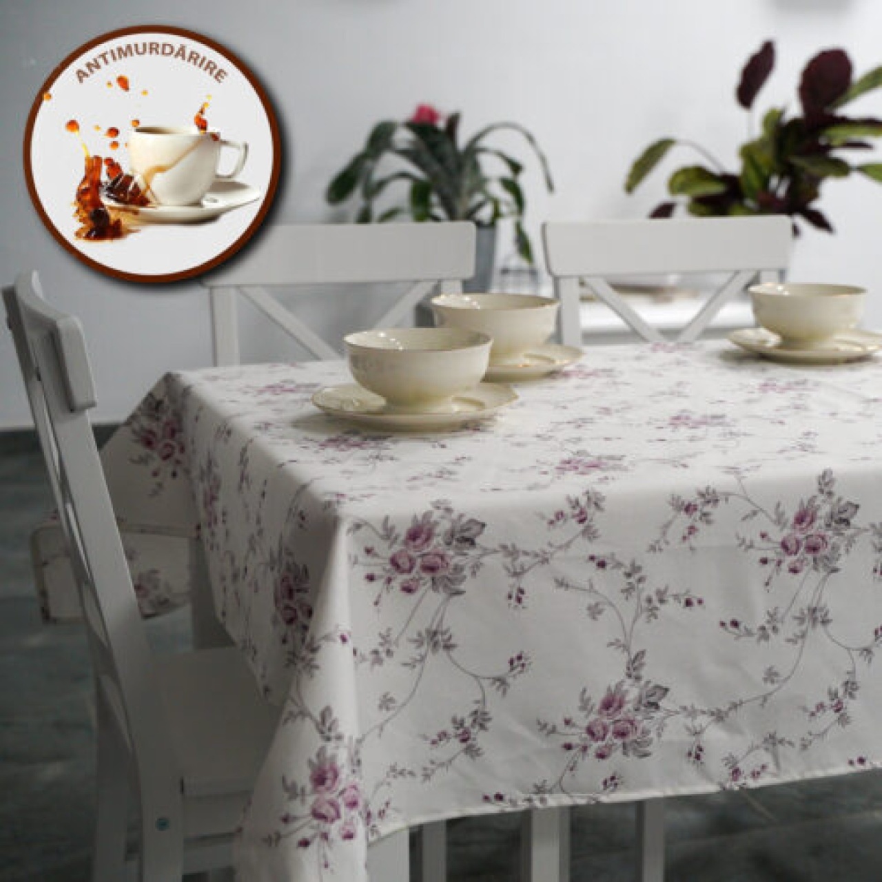 Fata de masa antimurdarie 100% Bumbac, 180x320 cm, Imprimeu Floral Gri-Roz