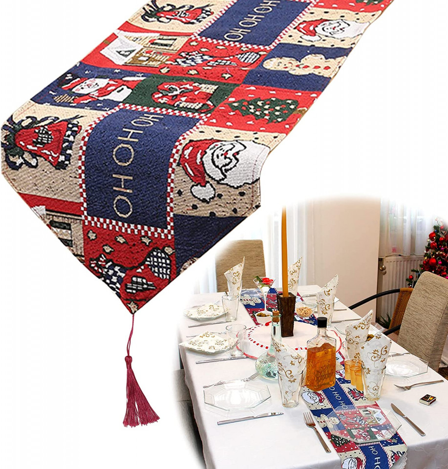 Fata de masa decorativa de Craciun Gxhong, multicolor, poliester, 180 x 33 cm