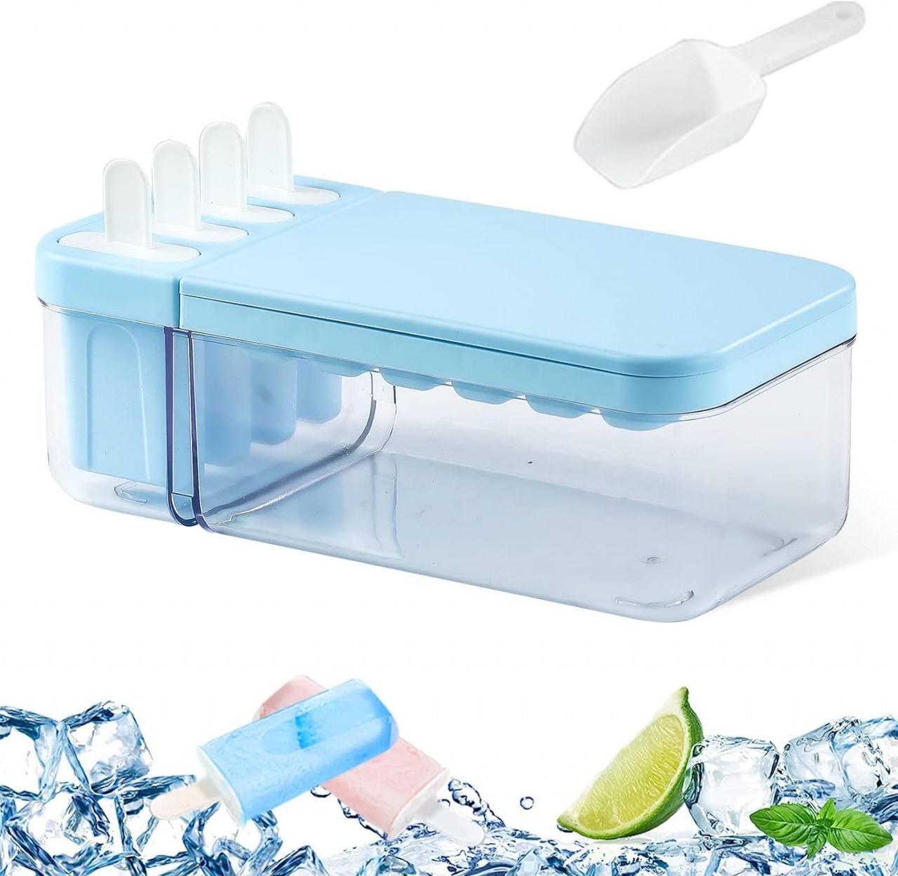 Forma pentru inghetata cu spatiu pentru cuburi de gheata Glaxcidy, polipropilena, transparent/albastru, 26 x 12,5 x 9 cm