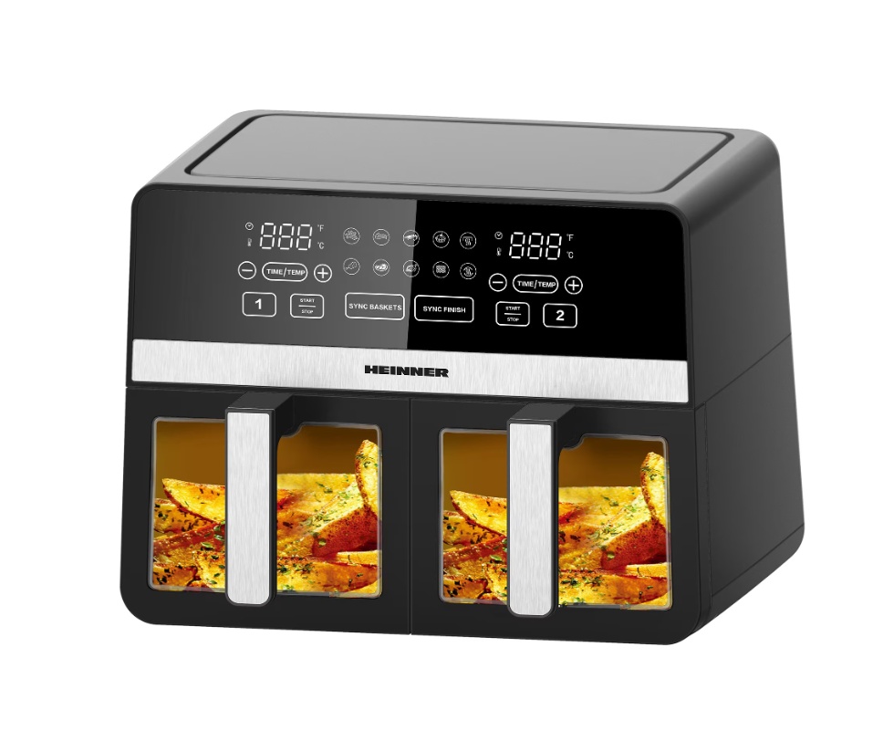 Friteuza dubla cu aer cald Heinner SimCook (Air Fryer) HAF-K10DB24BK, RESIGILATA, 1 AN GARANTIE, 2400W, capacitate 9.5L, termostat reglabi, 10