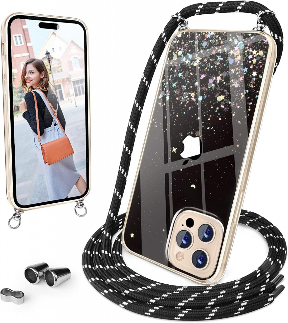 Husa cu snur pentru iPhone 13 Pro UNDEUX, silicon/textil, negru, 6,1 inchi