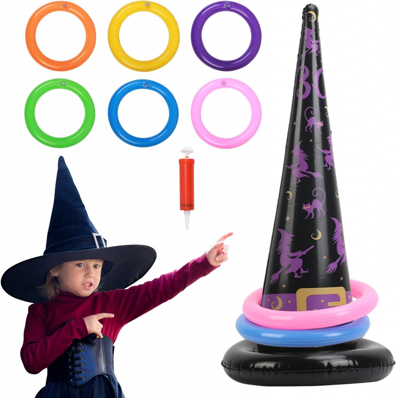Joc de aruncare pentru Halloween cu palarie de vrajitoare si inele Hakotom, latex/folie, multicolor, 7 piese