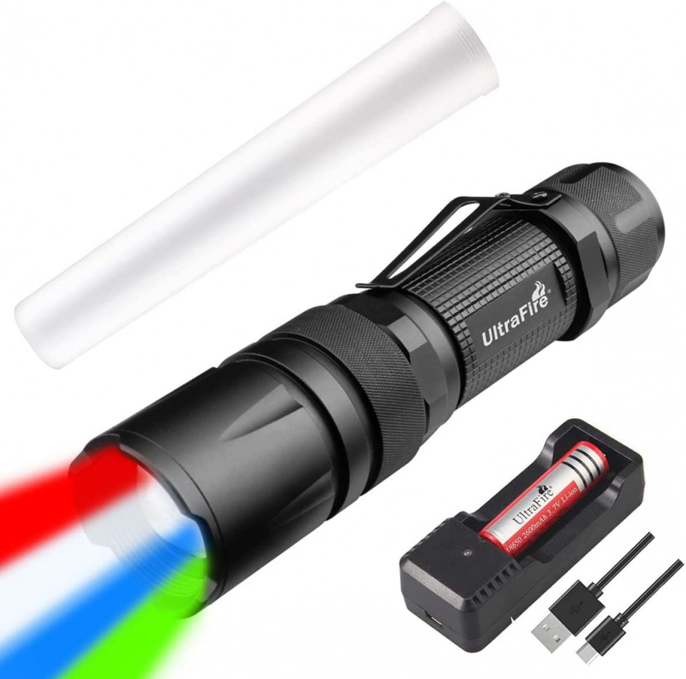 Lanterna cu 4 culori de lumina UltraFire, 3.7V 2600mAh baterie reincarcabila siincarcator USB, negru, aluminiu, 13,8 x 3,3 cm