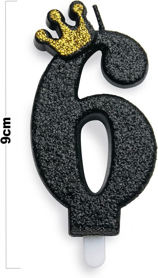 Lumanare pentru tort PARTY GO, cifra 6, ceara, negru/auriu, 9 cm