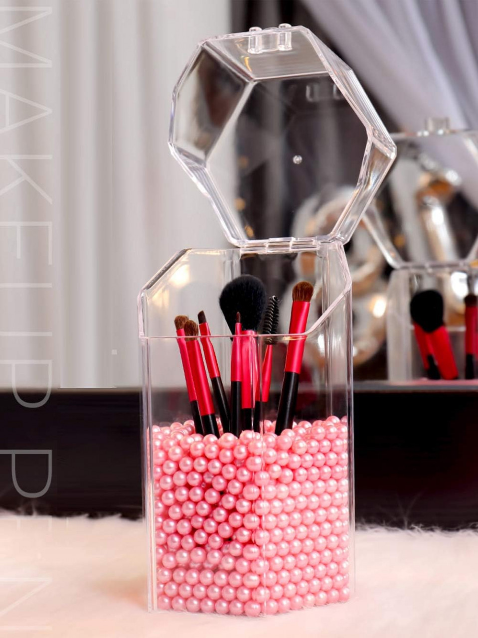 Organizator hexagonal pentru cosmetice YANROO, acril, transparent/roz