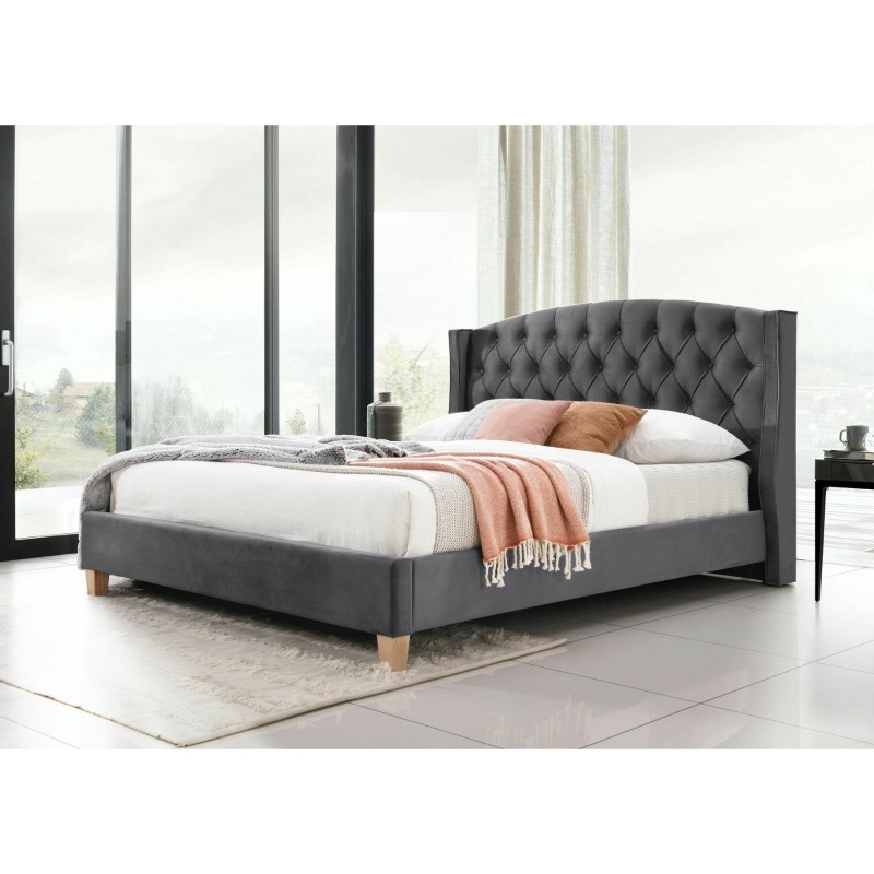 Pat dublu KL Ando, tapitat cu catifea, somiera inclusa, structura lemn masiv, tablie inalta, 160x200 cm, gri