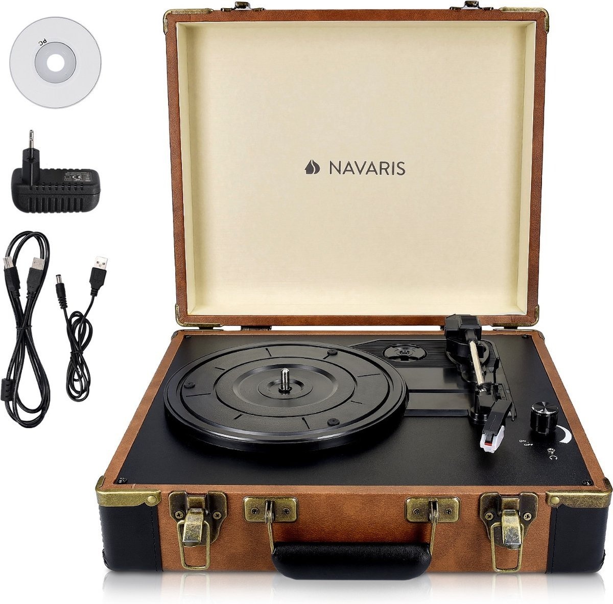 Pick-up Retro Case Navaris, Record Player, Difuzoare integrate, RCA, 3.5mm, AUX, USB port pentru PC, 3 viteze, Resigilat, Grad A