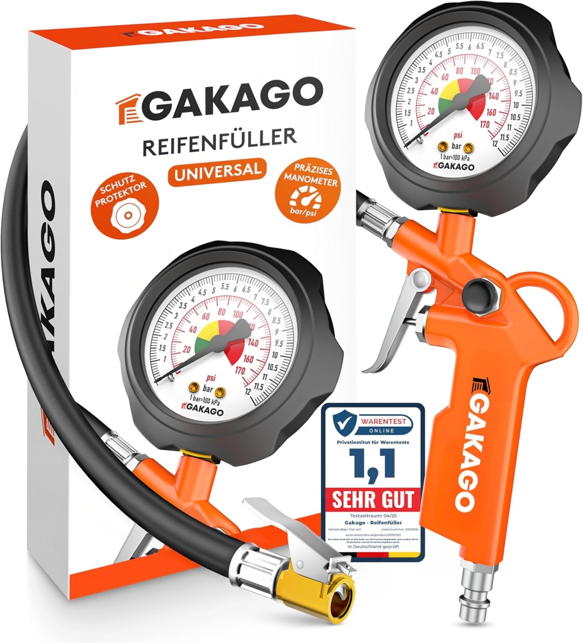 Pistol de umflat cu manometru Gakago, portocaliu/negru, 0-12 bar, 45 cm