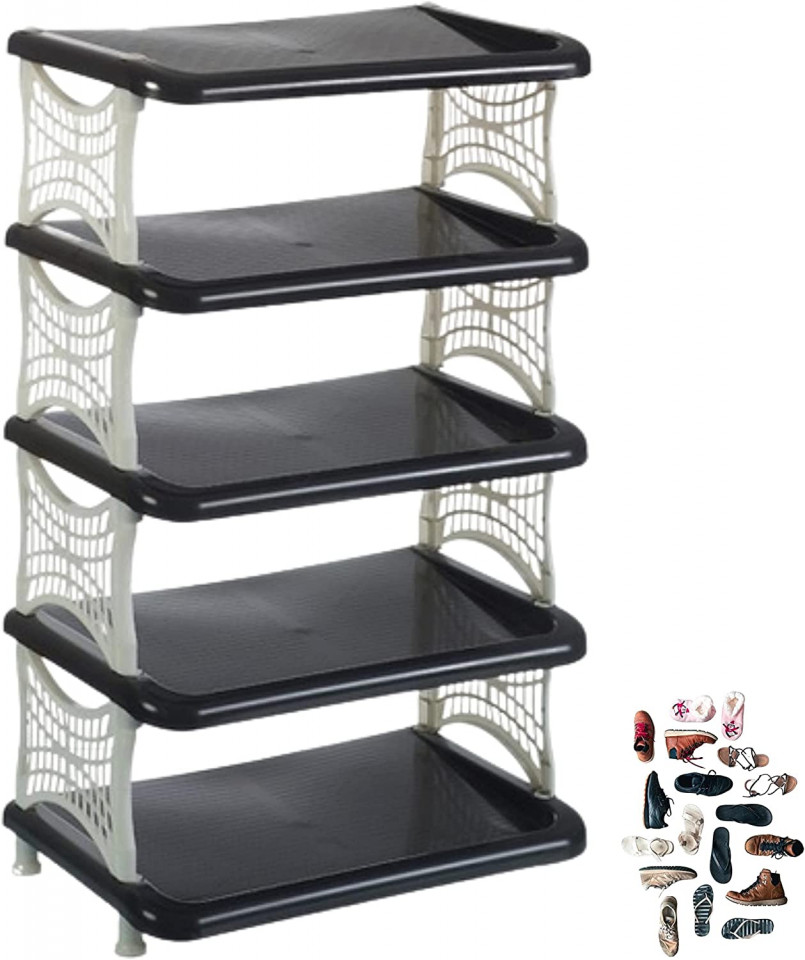 Raft de pantofi cu 5 nivele Magazin IKLOBÂ®, plastic, alb/negru, 80 x 48 x 31,5 cm