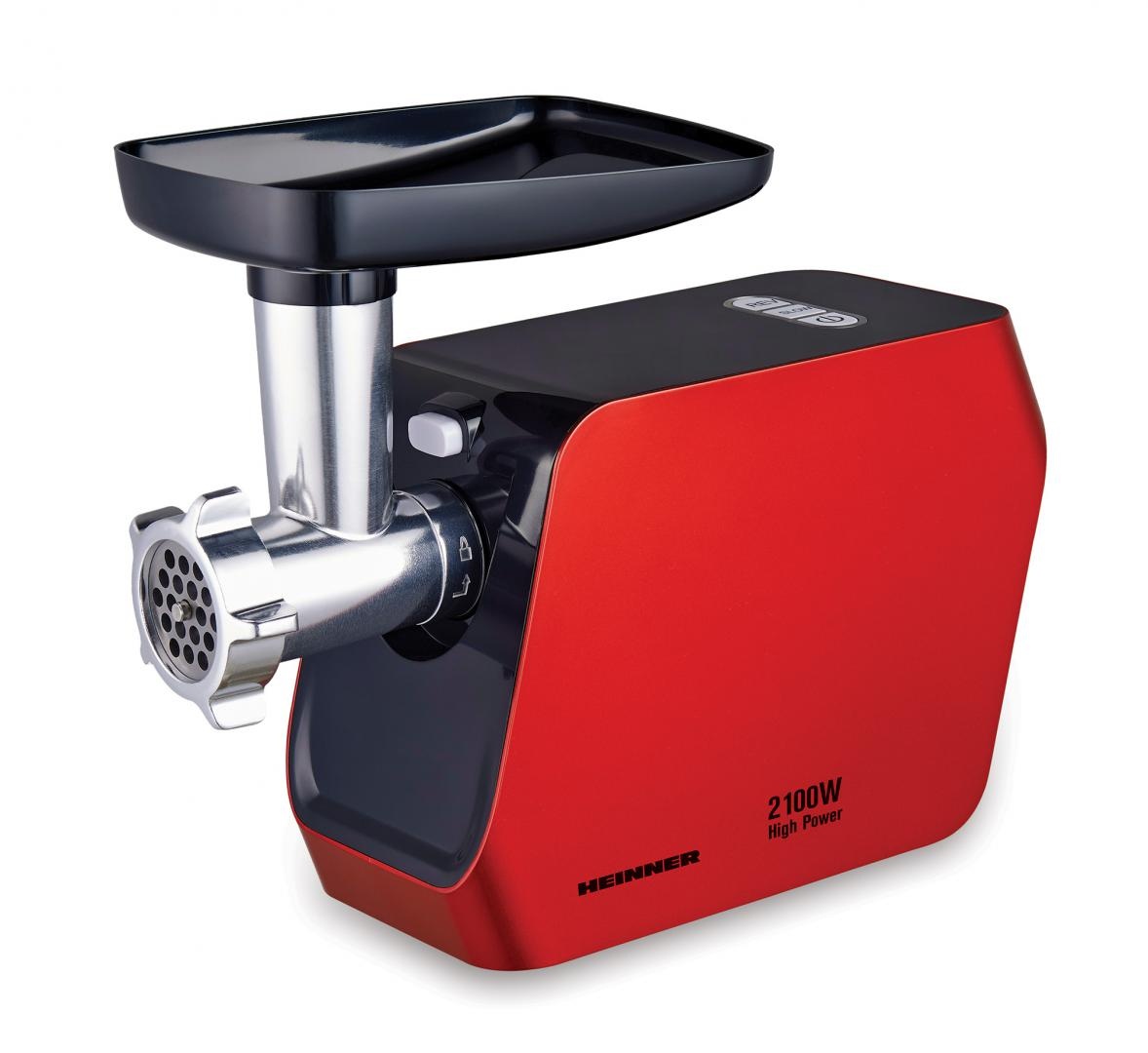 RESIGILAT – MASINA DE TOCAT HEINNER MG-2100RD, Putere 2100W, 1.8kg/min, Accesoriu rosii, Accesorii carnati, Cutit inox, 3 site taiere, Rosu
